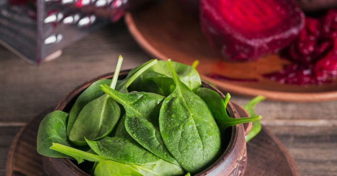 Spinat und Rote Beete auf zwei Tontellern